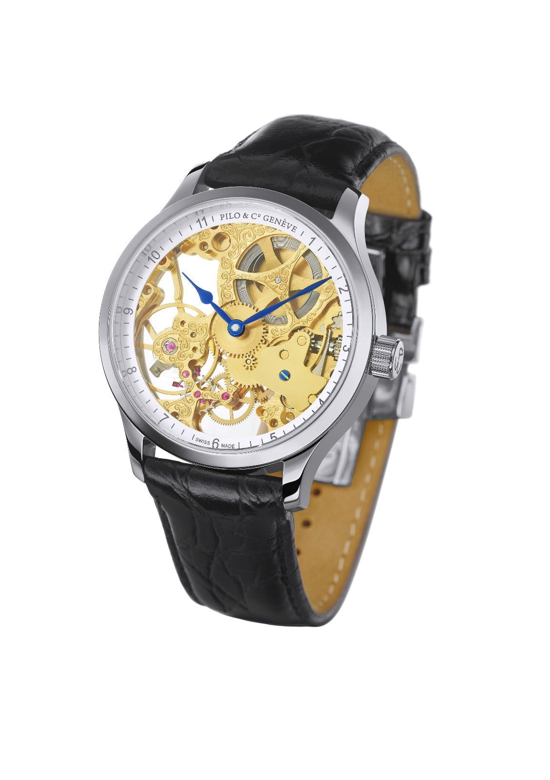 Pilo & Co Geneva Swiss Automatic Epoca Skeleton Men's Watch collection Silver Case White dial
