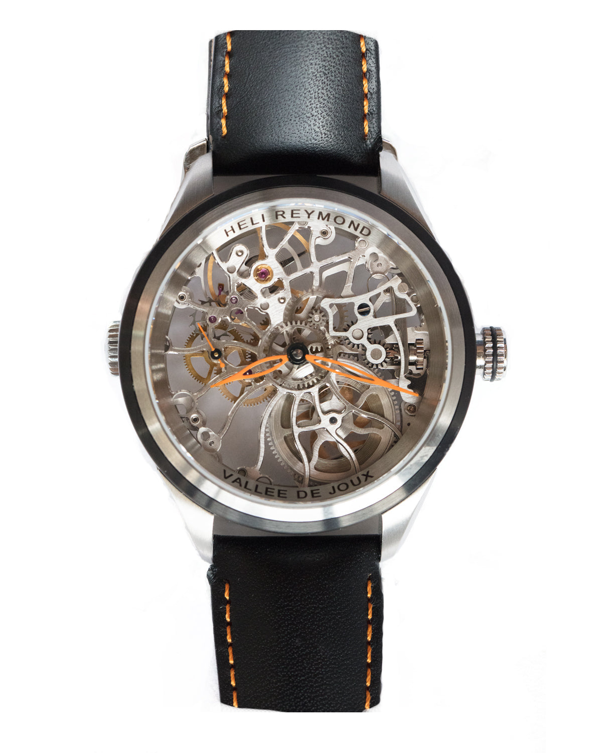Heli Reymond Orange Hands Skeleton Watch T5010 Stainless Design Front Pic Bitcoin